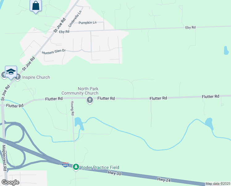 map of restaurants, bars, coffee shops, grocery stores, and more near 7467 Flutter Road in Fort Wayne