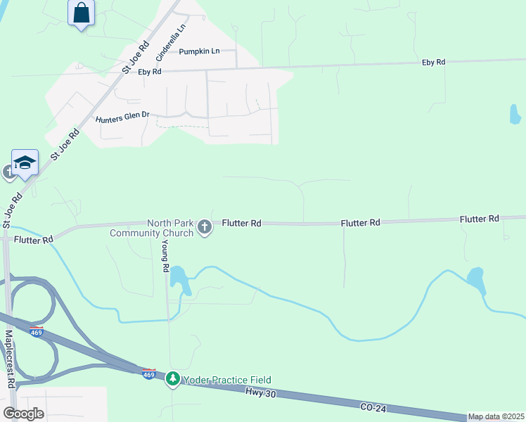 map of restaurants, bars, coffee shops, grocery stores, and more near 7467 Flutter Road in Fort Wayne