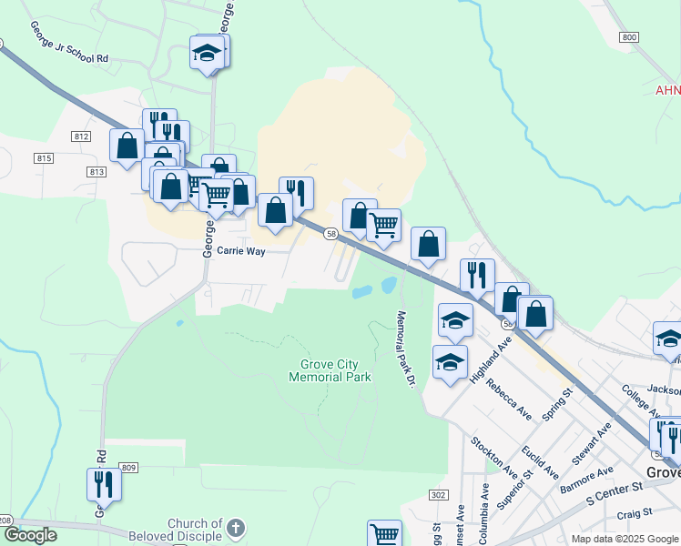 map of restaurants, bars, coffee shops, grocery stores, and more near 1320 West Main Street in Grove City
