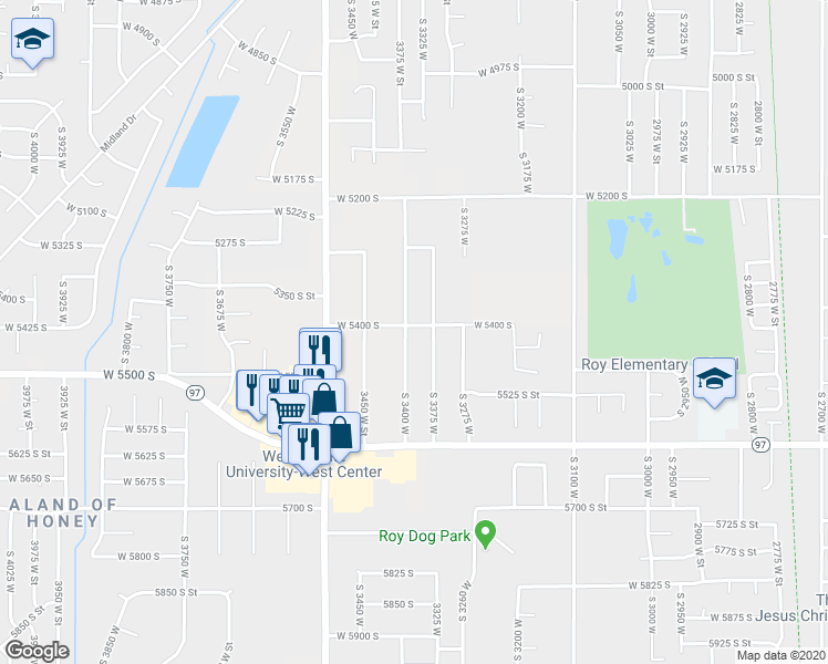 map of restaurants, bars, coffee shops, grocery stores, and more near 5402 South 3400 West in Roy