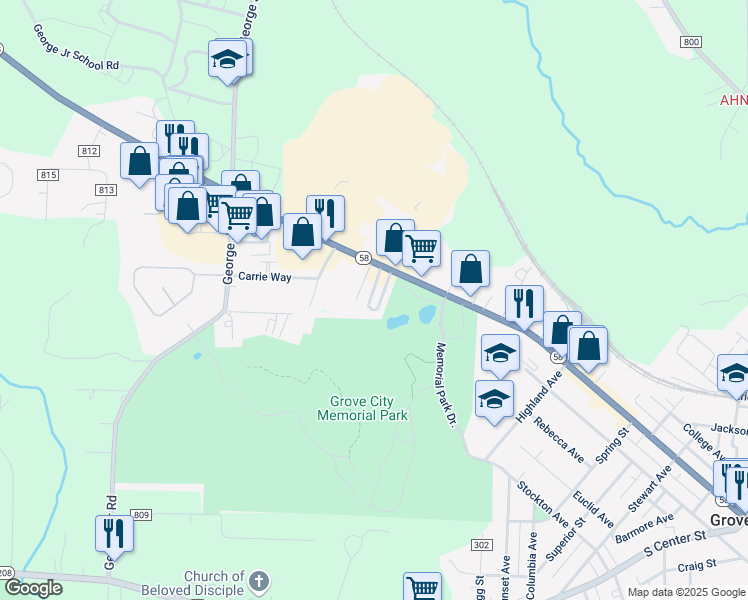 map of restaurants, bars, coffee shops, grocery stores, and more near 1320 West Main Street in Grove City