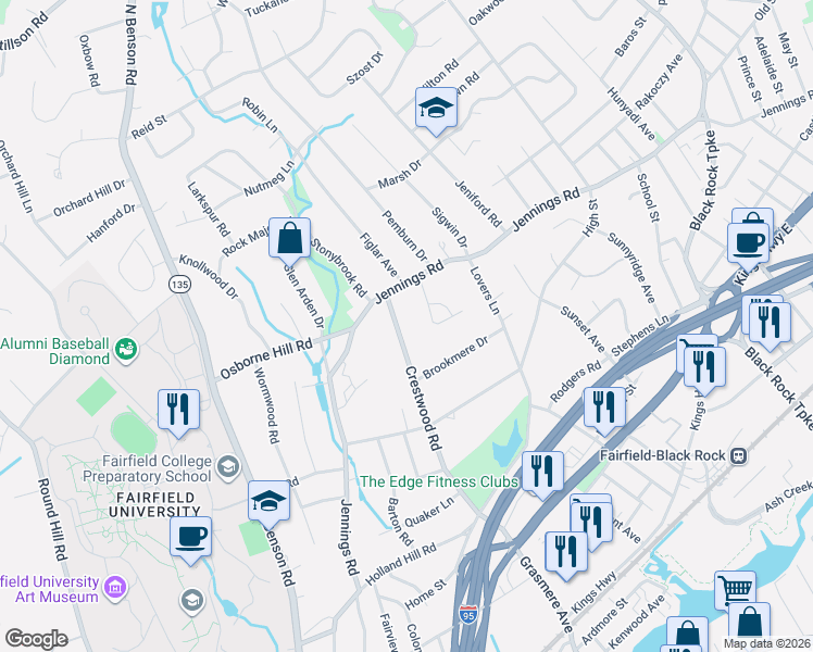 map of restaurants, bars, coffee shops, grocery stores, and more near 438 Crestwood Road in Fairfield