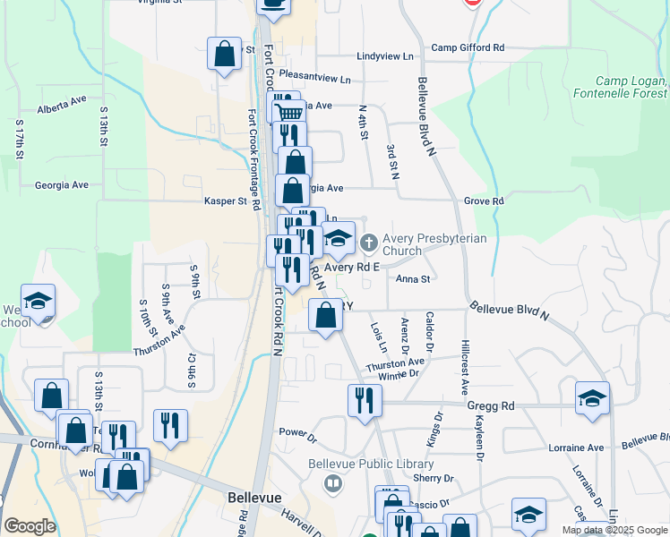 map of restaurants, bars, coffee shops, grocery stores, and more near 2107 Avery Road East in Bellevue