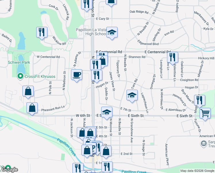 map of restaurants, bars, coffee shops, grocery stores, and more near 717 Dublin Drive in Papillion