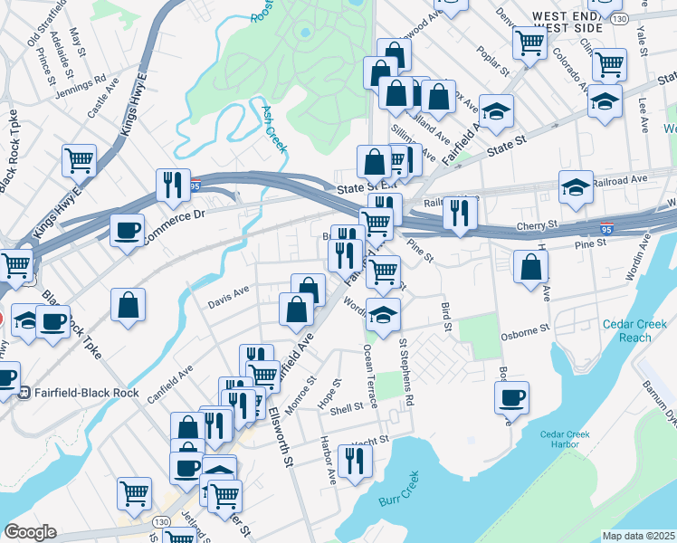 map of restaurants, bars, coffee shops, grocery stores, and more near 2201 Fairfield Avenue in Bridgeport