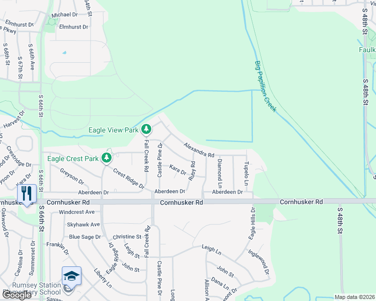 map of restaurants, bars, coffee shops, grocery stores, and more near 2314 Park Crest Drive in Papillion