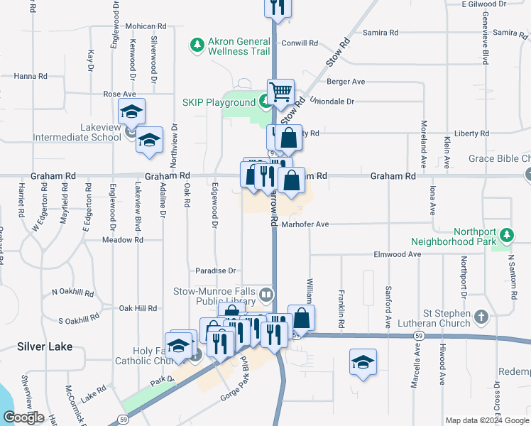 map of restaurants, bars, coffee shops, grocery stores, and more near 3678 Darrow Road in Stow