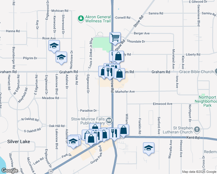 map of restaurants, bars, coffee shops, grocery stores, and more near 3678 Darrow Road in Stow