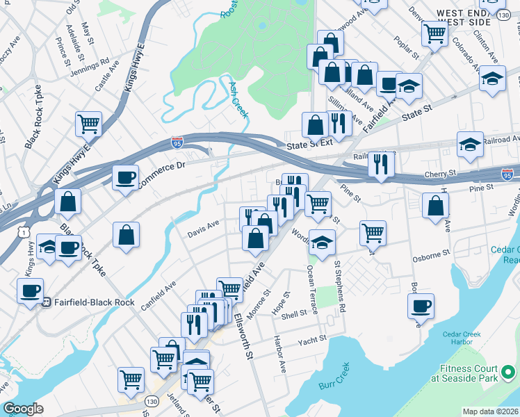 map of restaurants, bars, coffee shops, grocery stores, and more near 58 Whittier Street in Bridgeport