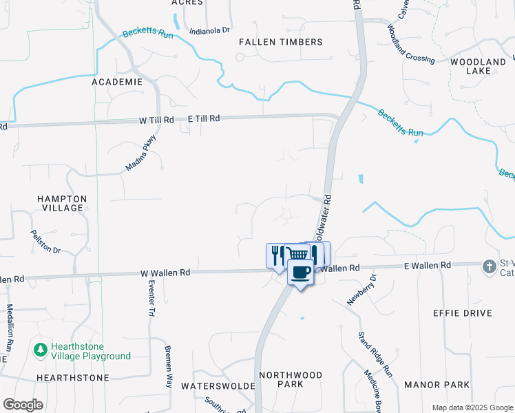 map of restaurants, bars, coffee shops, grocery stores, and more near 402 Wallen Hills Drive in Fort Wayne