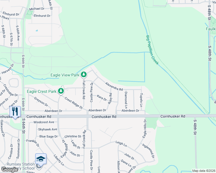 map of restaurants, bars, coffee shops, grocery stores, and more near 2314 Park Crest Drive in Papillion