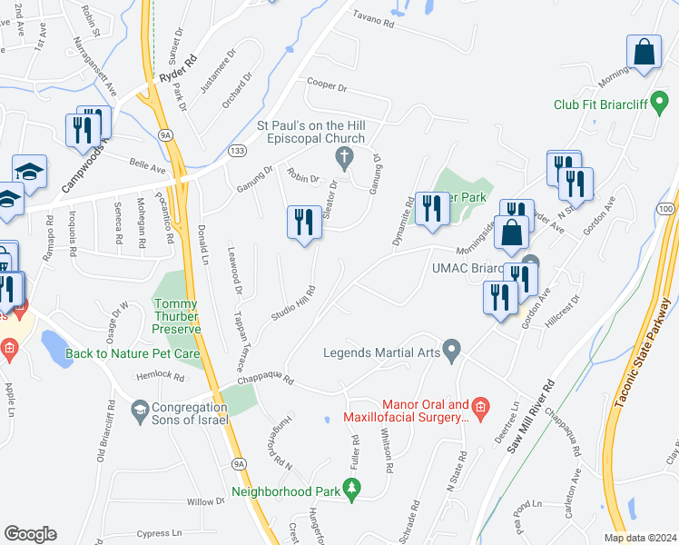 map of restaurants, bars, coffee shops, grocery stores, and more near 35 Morningside Drive in Briarcliff Manor