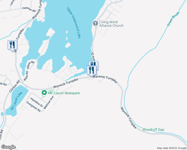 map of restaurants, bars, coffee shops, grocery stores, and more near 350 Warwick Turnpike in West Milford