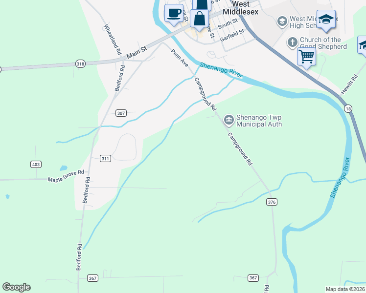 map of restaurants, bars, coffee shops, grocery stores, and more near 140 Campground Road in West Middlesex