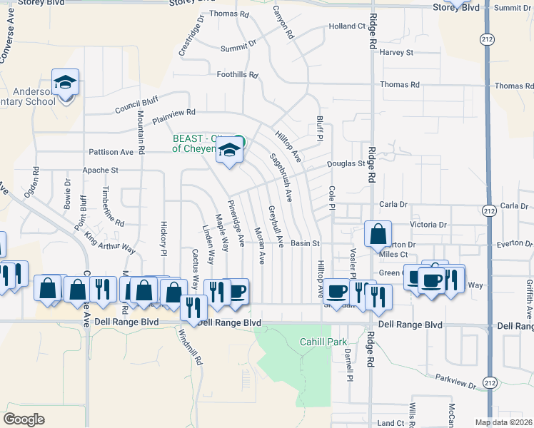 map of restaurants, bars, coffee shops, grocery stores, and more near 5021 Moran Avenue in Cheyenne