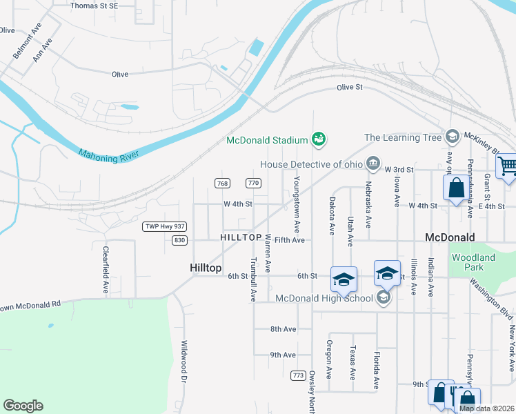 map of restaurants, bars, coffee shops, grocery stores, and more near 2907 Trumbull Avenue in McDonald