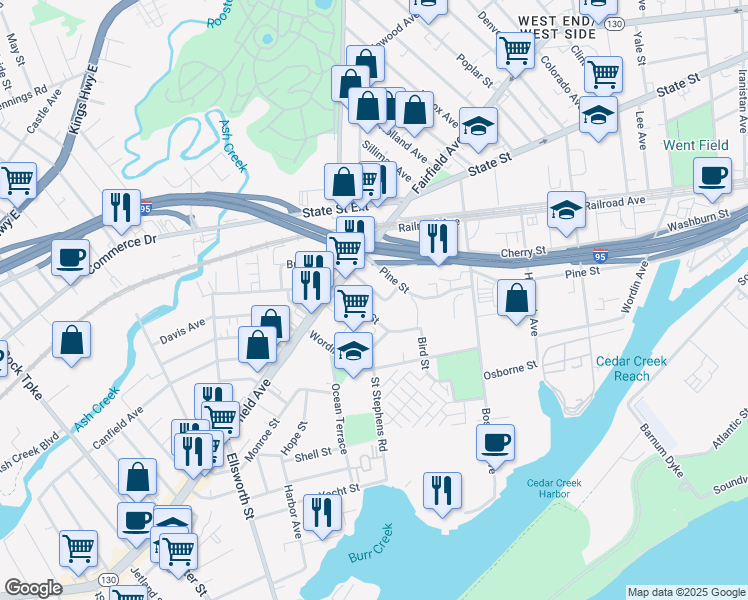 map of restaurants, bars, coffee shops, grocery stores, and more near 44 Albion Street in Bridgeport