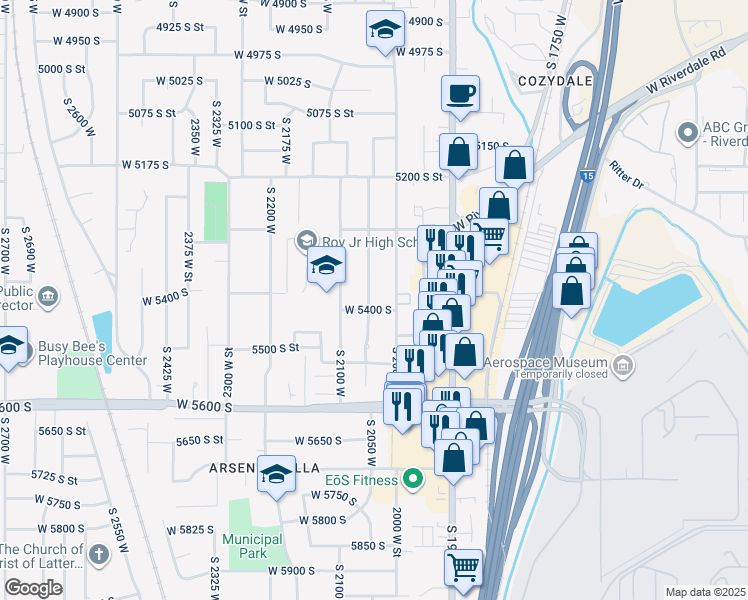 map of restaurants, bars, coffee shops, grocery stores, and more near 2021 5400 South Street in Roy