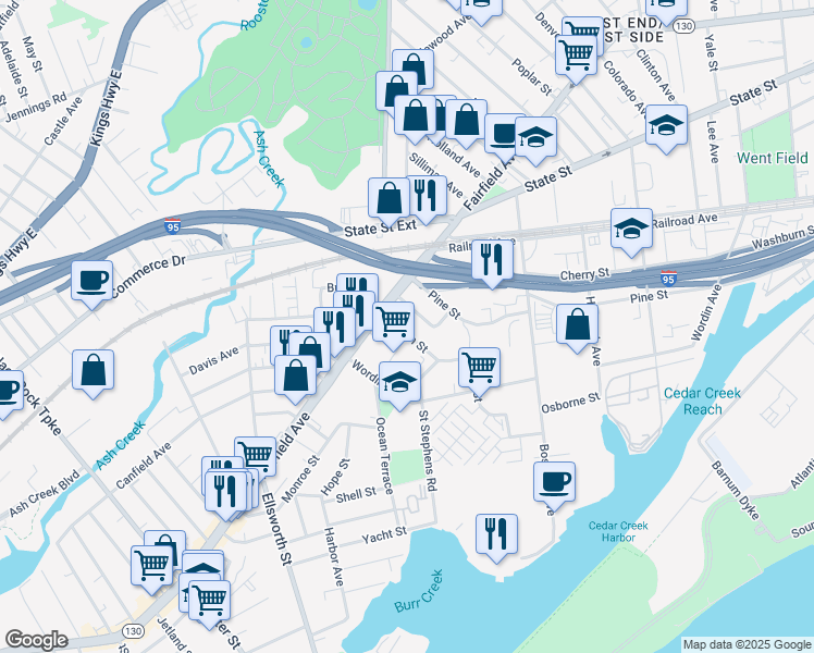 map of restaurants, bars, coffee shops, grocery stores, and more near 2145 Fairfield Avenue in Bridgeport
