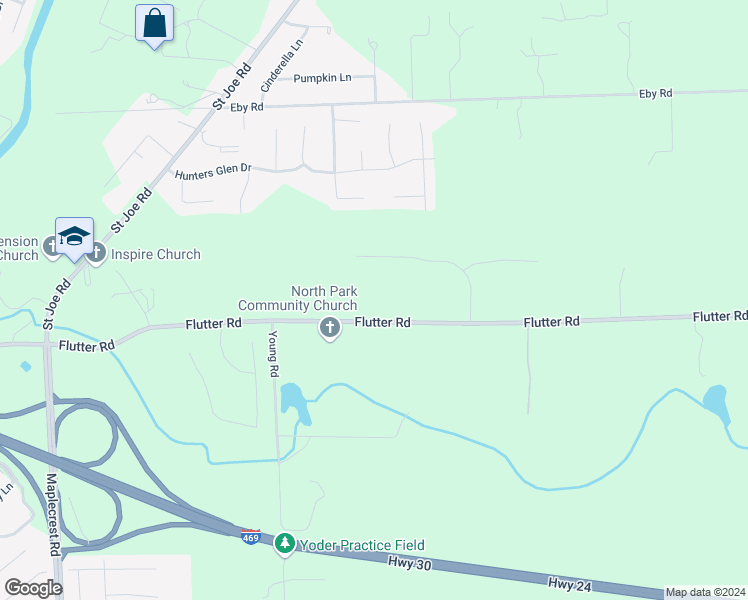 map of restaurants, bars, coffee shops, grocery stores, and more near 7311 Flutter Road in Fort Wayne