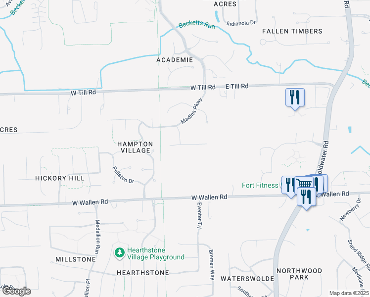 map of restaurants, bars, coffee shops, grocery stores, and more near 309 Treeline Cove in Fort Wayne