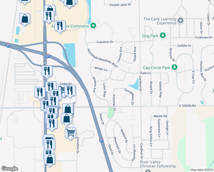 map of restaurants, bars, coffee shops, grocery stores, and more near 1337 Potomac Place in Bourbonnais