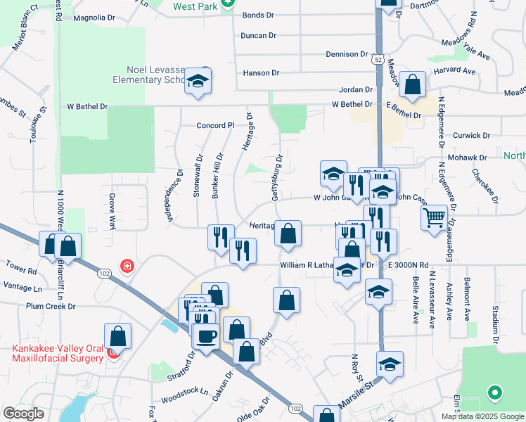 map of restaurants, bars, coffee shops, grocery stores, and more near 347 Heritage Drive in Bourbonnais