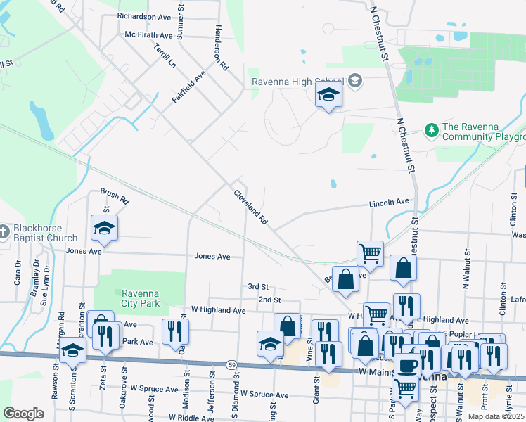 map of restaurants, bars, coffee shops, grocery stores, and more near 643 Cleveland Road in Ravenna