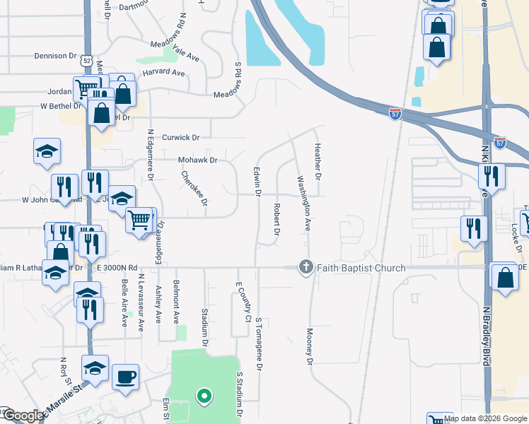map of restaurants, bars, coffee shops, grocery stores, and more near 649 Robert Drive in Bourbonnais