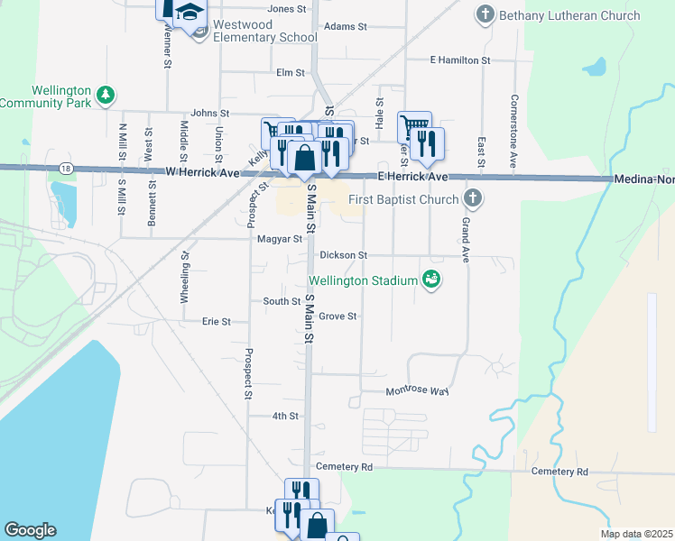 map of restaurants, bars, coffee shops, grocery stores, and more near 201 South Main Street in Wellington