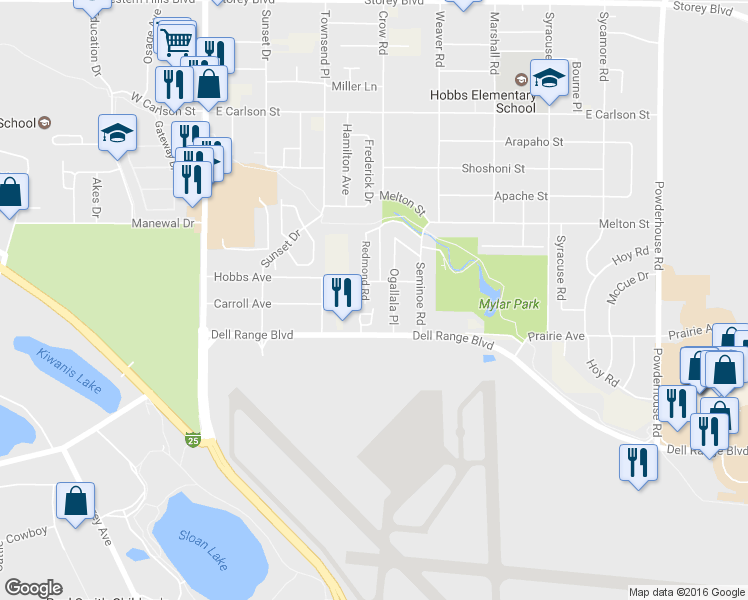 map of restaurants, bars, coffee shops, grocery stores, and more near 5031 Redmond Road in Cheyenne