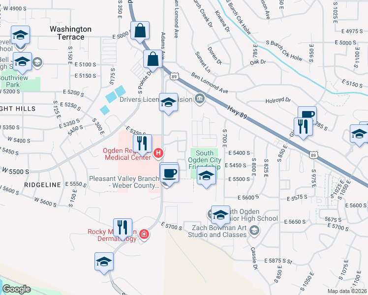 map of restaurants, bars, coffee shops, grocery stores, and more near 5482 South 600 East in Ogden