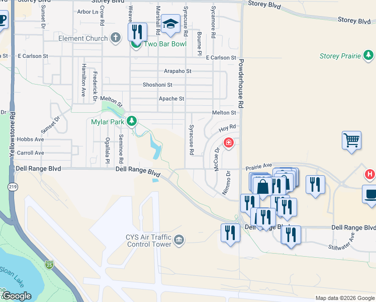 map of restaurants, bars, coffee shops, grocery stores, and more near 902 Prairie Avenue in Cheyenne