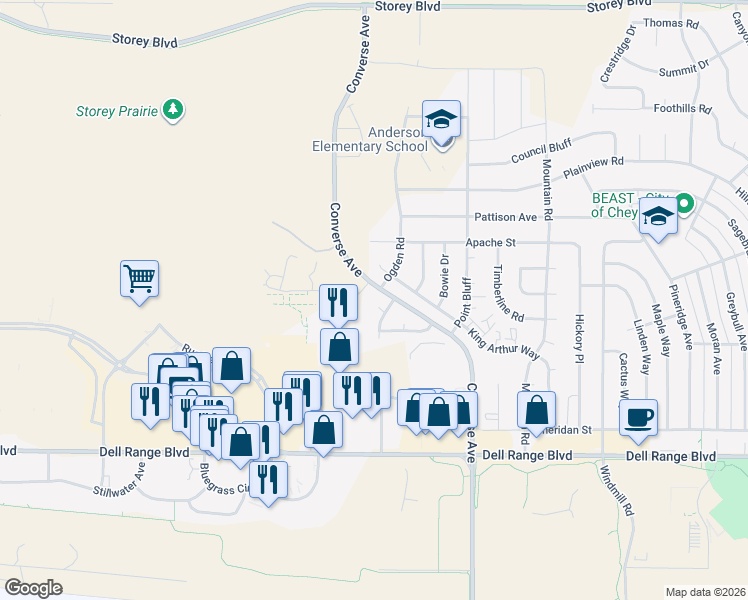 map of restaurants, bars, coffee shops, grocery stores, and more near 4944 Grandview Avenue in Cheyenne