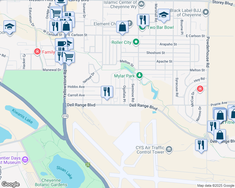 map of restaurants, bars, coffee shops, grocery stores, and more near 5031 Redmond Road in Cheyenne