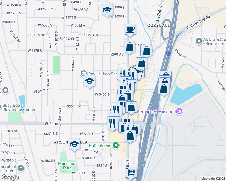 map of restaurants, bars, coffee shops, grocery stores, and more near 5390 South 2000 West in Roy