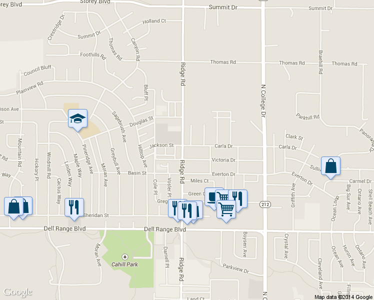 map of restaurants, bars, coffee shops, grocery stores, and more near 5113 Ridge Road in Cheyenne