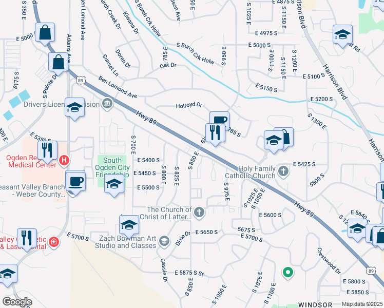 map of restaurants, bars, coffee shops, grocery stores, and more near 5439 South 850 East in Ogden