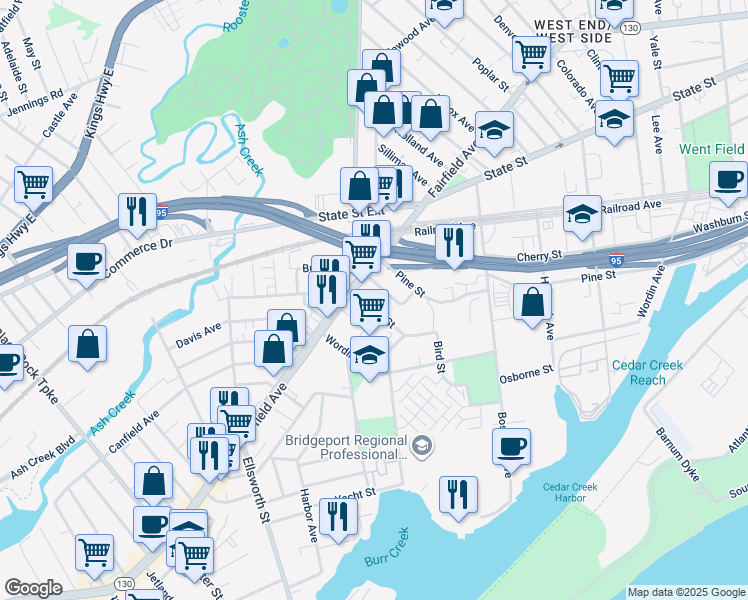 map of restaurants, bars, coffee shops, grocery stores, and more near 2145 Fairfield Avenue in Bridgeport