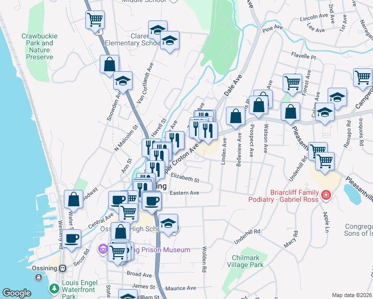 map of restaurants, bars, coffee shops, grocery stores, and more near 68 Croton Avenue in Ossining
