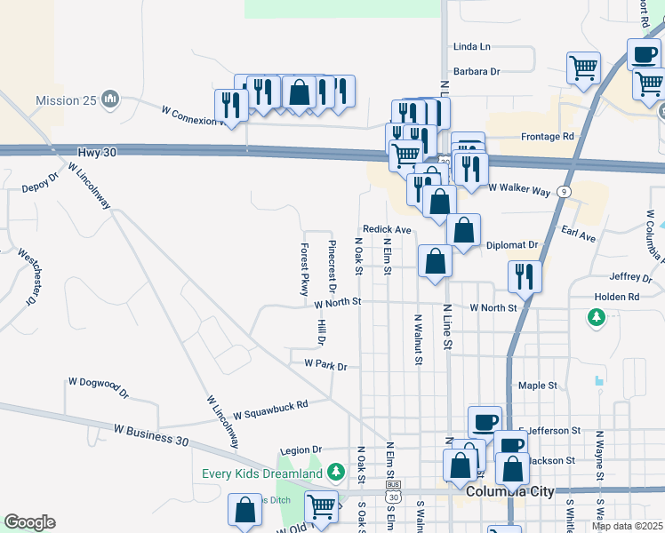 map of restaurants, bars, coffee shops, grocery stores, and more near 400-498 S Pinehurst Ct in Columbia City