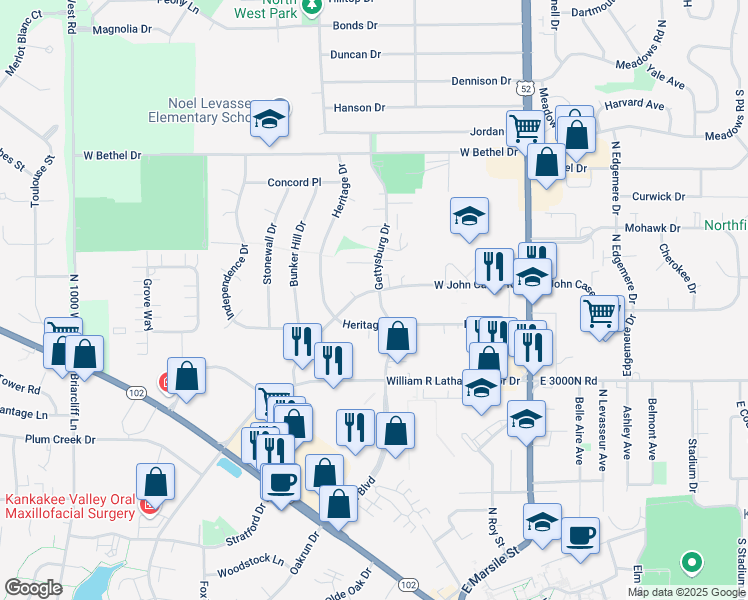 map of restaurants, bars, coffee shops, grocery stores, and more near 347 Heritage Drive in Bourbonnais