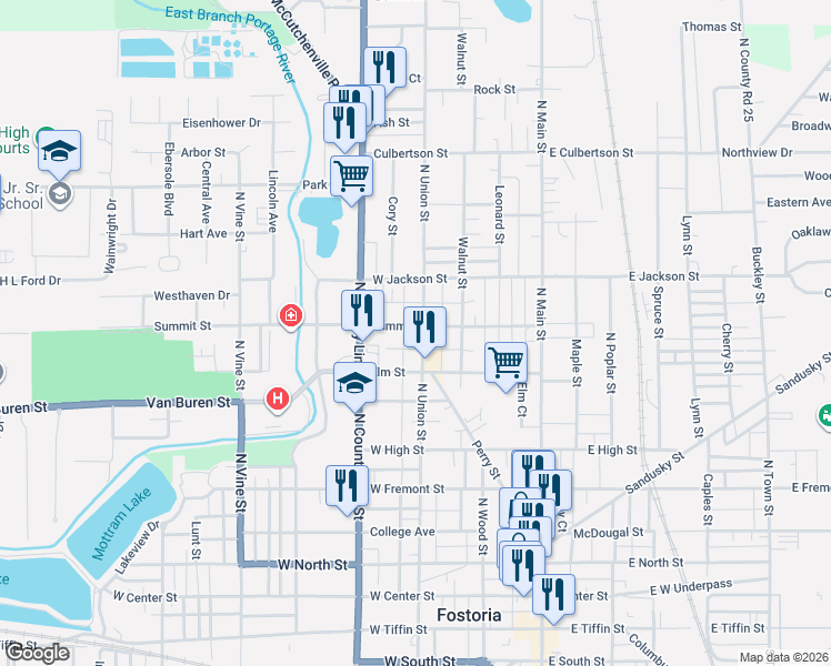 map of restaurants, bars, coffee shops, grocery stores, and more near 328 Elm Street in Fostoria