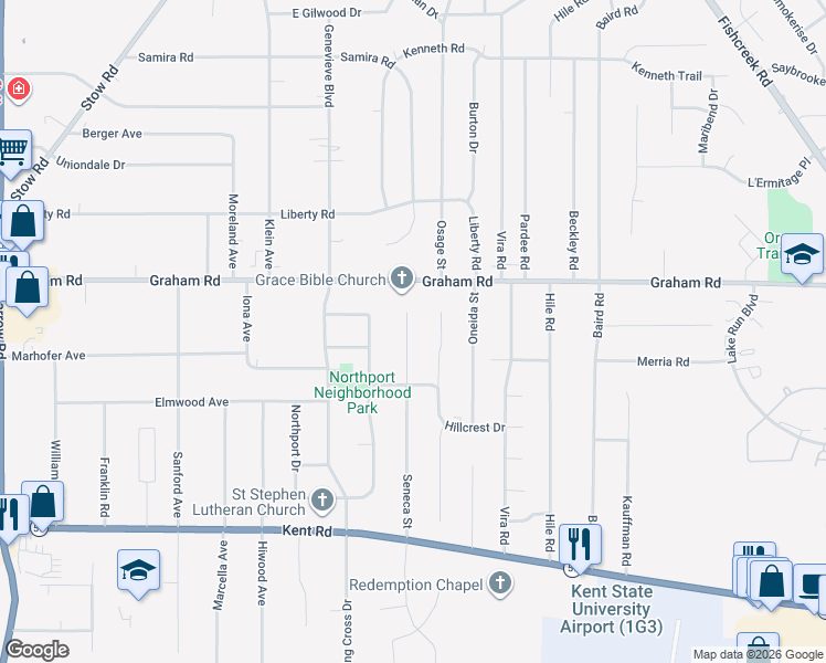 map of restaurants, bars, coffee shops, grocery stores, and more near 3833 Seneca Street in Stow