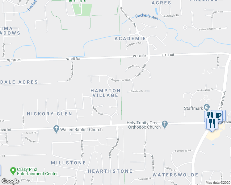 map of restaurants, bars, coffee shops, grocery stores, and more near 412 Sunrise Court in Fort Wayne