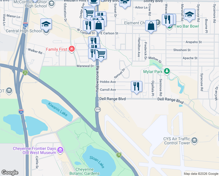 map of restaurants, bars, coffee shops, grocery stores, and more near 100-130 Hobbs Avenue in Cheyenne