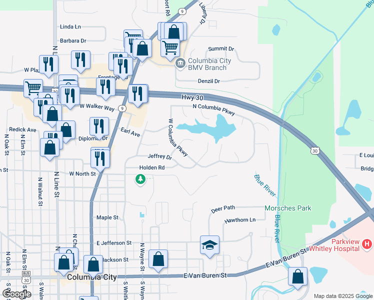 map of restaurants, bars, coffee shops, grocery stores, and more near 607 Azuba Court in Columbia City