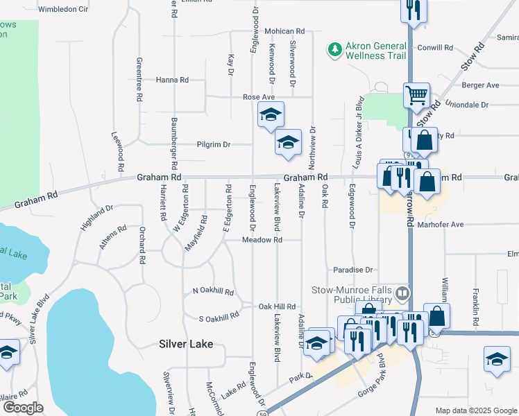 map of restaurants, bars, coffee shops, grocery stores, and more near 3303 Englewood Drive in Stow