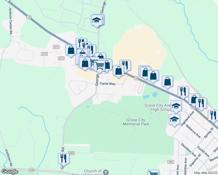 map of restaurants, bars, coffee shops, grocery stores, and more near 1440 Carrie Way in Grove City