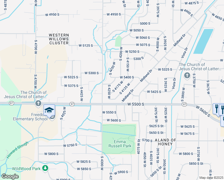 map of restaurants, bars, coffee shops, grocery stores, and more near 5443 South 4175 West in Roy